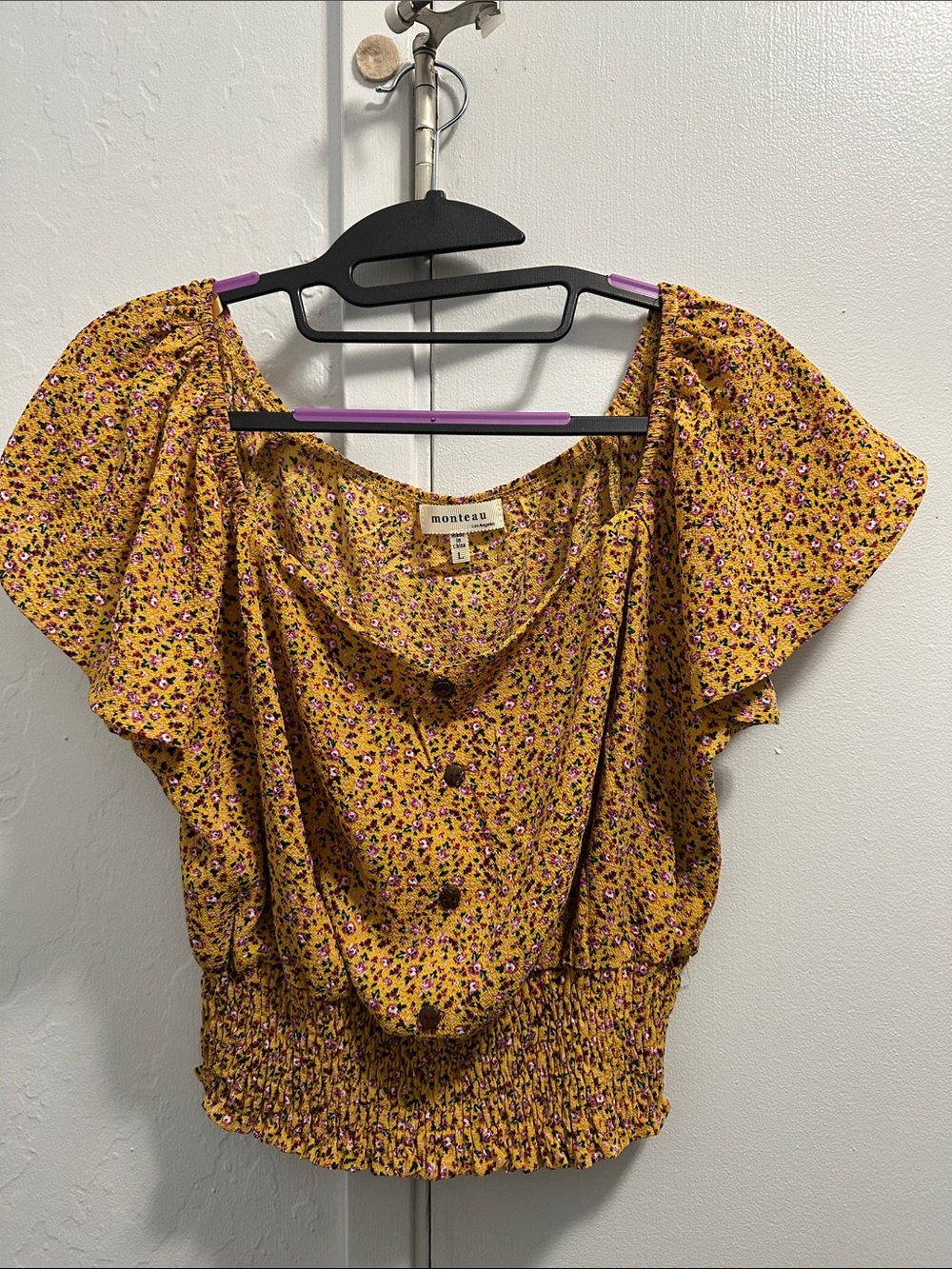Monteau Yellow Floral Button-Front Smocked Crop Top